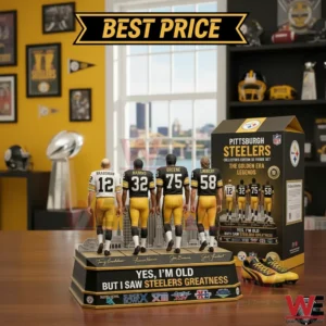 Pittsburgh Steelers legends figure display with collector box in a fan room!