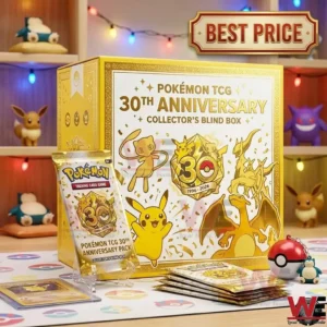 A golden Pokemon 30th anniversary blind box and booster packs on a playmat surrounded by Pokemon collectibles!