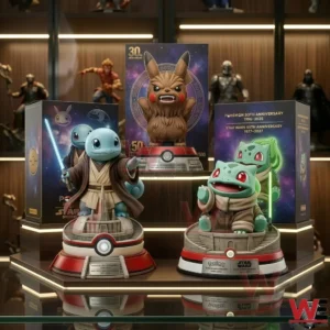 Three crossover creature figures on round bases with themed boxes behind them on a lit display shelf!