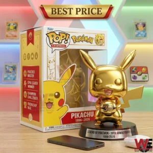 A golden Pikachu anniversary figure with a commemorative box on a wooden table!