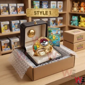 A Pokemon anniversary ring in a display case packed for shipping inside a cardboard box with bubble wrap!