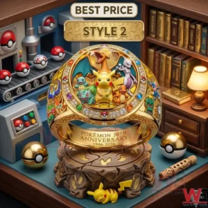 A large gold ring featuring multiple Pokemon characters on the face rests on a brown decorative stand!