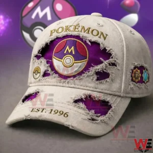 Distressed beige Pokemon cap with purple Master Ball patch and frayed cutouts!