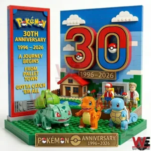 Brick built Pokemon anniversary diorama with starter characters and a large number sign!