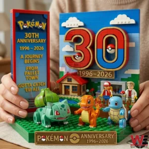 Hands holding a brick built Pokemon anniversary diorama with starter characters!