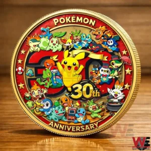 Pokemon thirtieth anniversary coin with Pikachu and many characters on a wooden table!