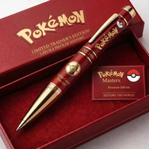 Close view of a premium Pokemon themed pen in a red presentation box!