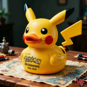 Yellow Pikachu themed rubber duck on a vintage map!