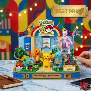A 30th anniversary Pokemon building block set featuring iconic starter characters and Mewtwo on a festive display base!