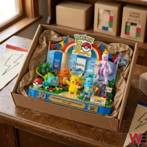 A finished Pokemon 30th anniversary brick set packed inside a cardboard box with brown paper cushioning!