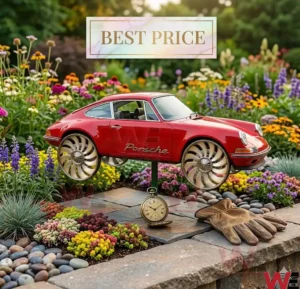 A red Porsche car model with turbine wheels is mounted on a stand in a garden! An antique pocket watch and gloves are on the ground below it!