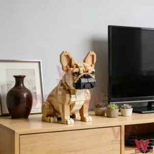 Block built french bulldog figure on a wooden cabinet beside a television!