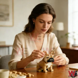 Premium French Bulldog Building Block Set 7 Woman assembling a small block built french bulldog figure at a table!