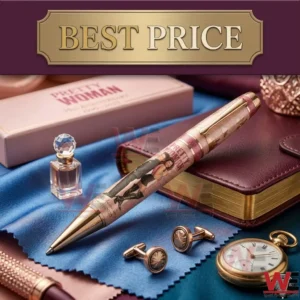 A commemorative Pretty Woman movie anniversary pen with rose gold details and luxury items.