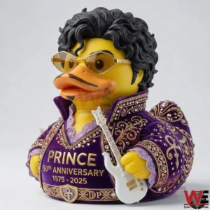 Prince themed rubber duck in a purple embroidered outfit holding a white guitar!