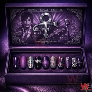 Open purple display box showing a Prince themed nail set with glitter nails and music icons