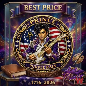 A commemorative Prince Purple Rain plaque featuring the artist with a guitar and an American flag theme inside a glass display!