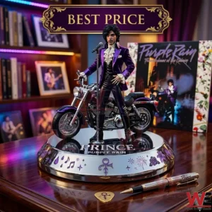 A realistic figurine of Prince in a purple suit standing by a purple motorcycle on a silver pedestal!