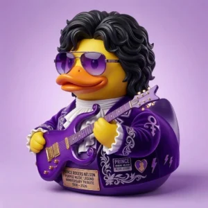 Purple music legend tribute duck holding a purple guitar in a studio setting!