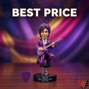 Purple musician bobblehead with a guitar pick on display!