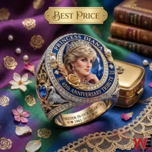 A detailed Princess Diana tribute ring with gold and silver engravings and a central portrait.