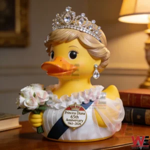 Yellow duck collectible dressed like Princess Diana with tiara roses and anniversary badge!