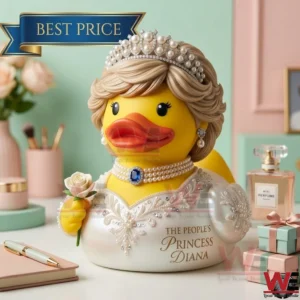A commemorative Princess Diana rubber duck wearing a tiara and holding a rose.