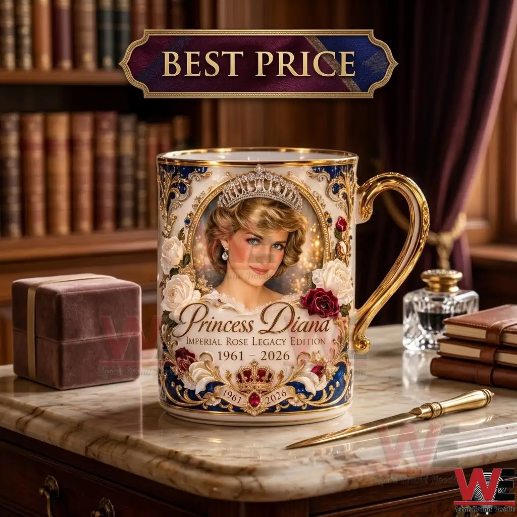 Princess Diana Imperial Rose Legacy Edition Mug 2 Luxury porcelain mug with a royal portrait of Princess Diana decorated with roses and gold trim in a classic library office!