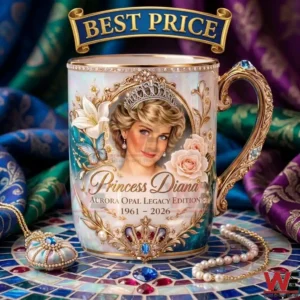 Elegant commemorative mug with a portrait of Princess Diana adorned with gold accents and floral patterns on a colorful mosaic background!