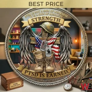A detailed military veteran challenge coin with symbolic imagery and inspirational text about PTSD!