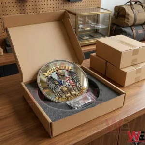 An open shipping box displaying a military challenge coin in protective foam packaging!