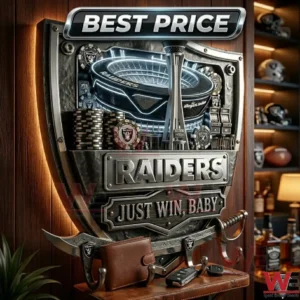 A Las Vegas Raiders metal wall plaque and key rack! The diorama at the top shows a glowing stadium and poker chips! The middle has two metal plates with the team name and motto! At the bottom is a curved sword with four metal hooks! The item is displayed on a wooden wall!