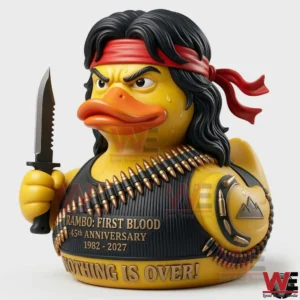 Yellow Rambo inspired rubber duck holding a knife with bullet belts and anniversary text!