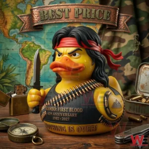 Rambo inspired rubber duck on a table with military props and a Best Price sign!