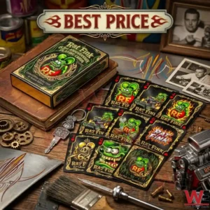 A collection of Rat Fink anniversary playing cards and their box on a cluttered garage workbench with gears tools and old photos!