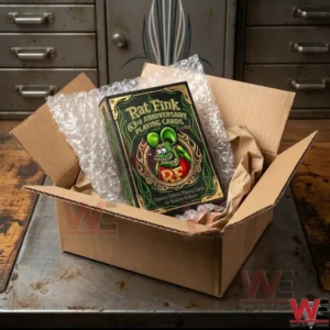 Rat Fink 63rd Anniversary Commemorative Playing Cards 3 An open shipping box containing a Rat Fink card deck protected by bubble wrap on a metal workshop table!