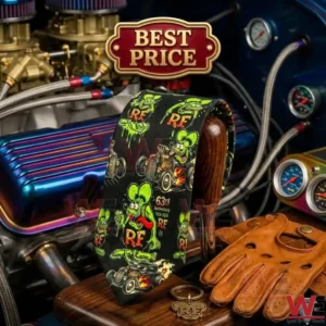 A Rat Fink themed necktie displayed inside a vintage car engine bay next to leather gloves and a gear shifter!