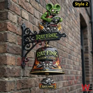 Black flame Rat Fink themed wall bell mounted on a brick wall with a green character topper!