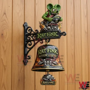 Rat Fink themed wall bell with flame artwork mounted on a wooden wall!