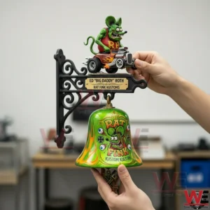 Hands holding a Rat Fink themed wall bell set with a green bell and hot rod topper!