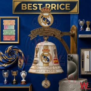 Commemorative bell for the Real Madrid 124th anniversary hanging on a blue wall among football trophies and club accessories!