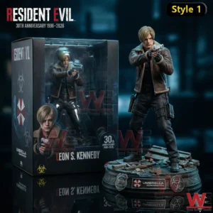 Leon S Kennedy statue aiming a handgun beside a large collector box!