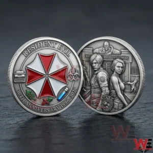 Two Resident Evil commemorative coins showing the umbrella emblem and a police station scene!