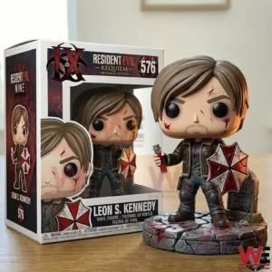 Leon S Kennedy collector figure beside a Resident Evil themed display box!