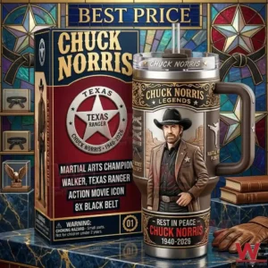 A commemorative Chuck Norris tumbler and collector box on a marble table with martial arts themed decorations!