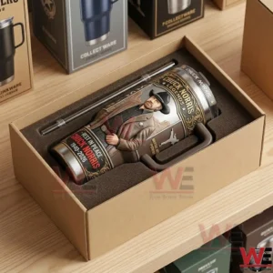 RIP Chuck Norris 1940-2026 Tumbler 3 An open gift box containing a Chuck Norris commemorative tumbler and a metal straw in a foam insert!