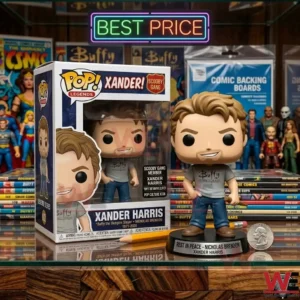 A stylized vinyl figure of Xander Harris with a wooden stake standing on a memorial base next to its box!