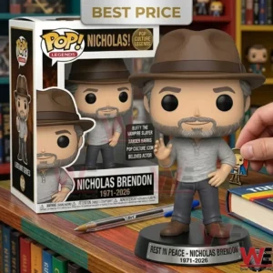 RIP Nicholas Brendon 1971-2026 Pop Figure Doll 6 A Nicholas Brendon vinyl figure wearing a brown fedora and grey shirt standing on a memorial display base!