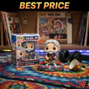 Bob Weir collectible figure with guitar beside its box on a colorful rug!