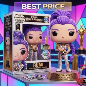 Rumi collectible figure with purple hair holding a trophy standing next to an Academy Award themed box!